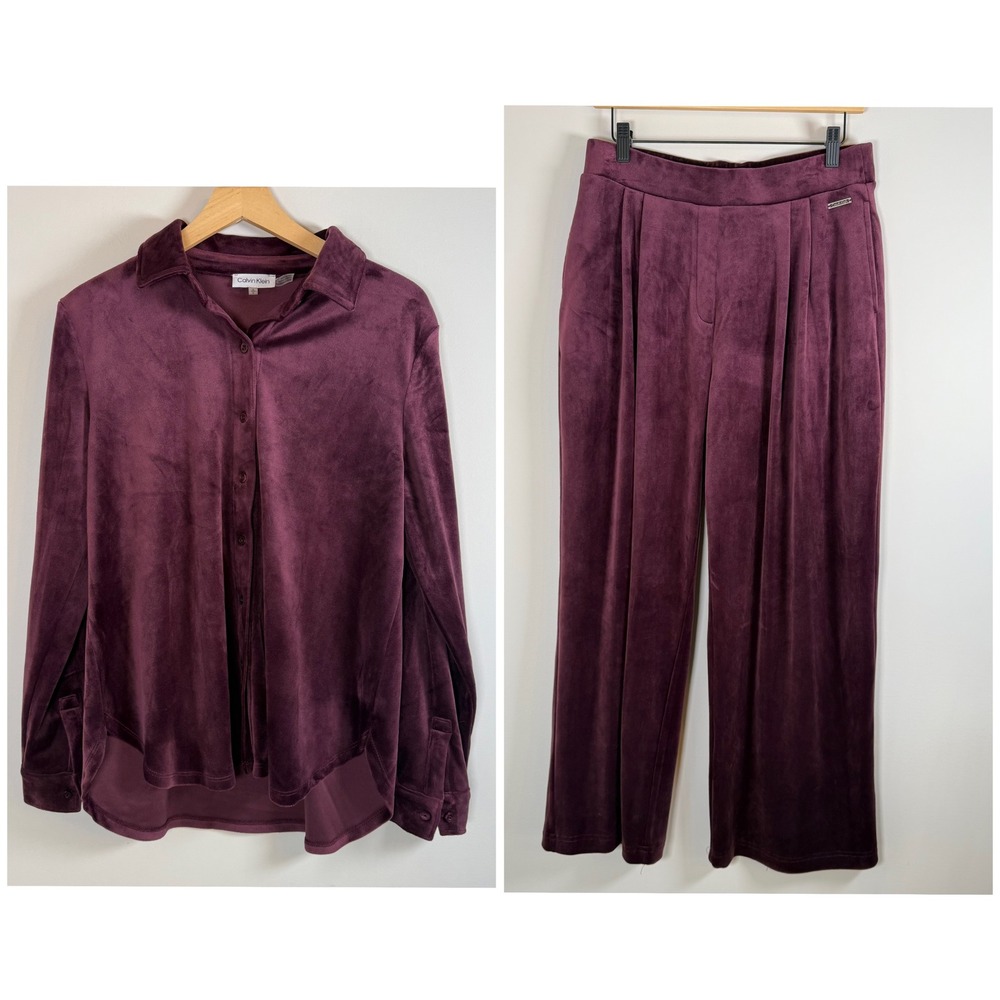 Calvin Klein Velour Velvet Track‎ Suit Set Button Up Shirt Top Pant Outfit Small